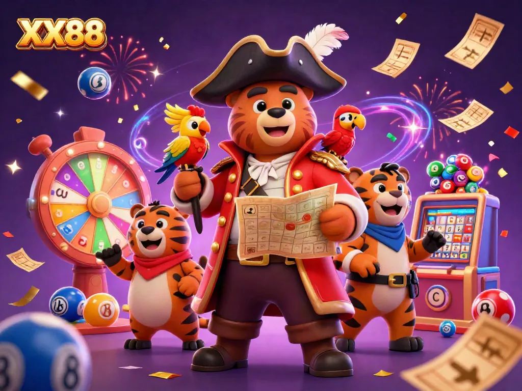 Experience the world of XX88 with playful characters and dynamic casino action in this exciting illustration.