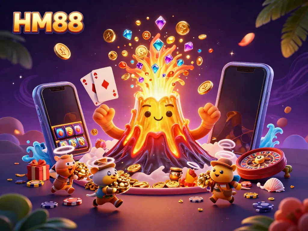 Win big at HM88 with thrilling slots and a golden volcano spilling treasure