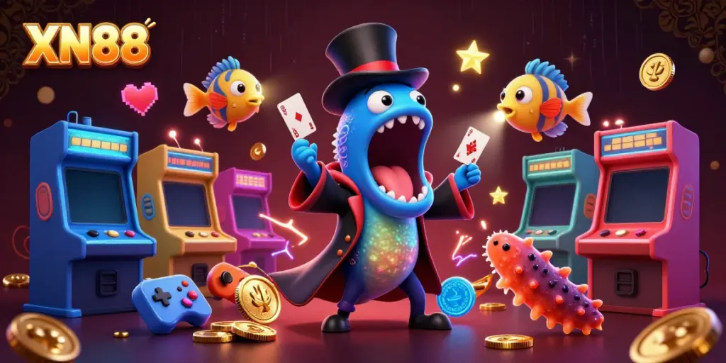 Experience exciting magic tricks with XN88’s magical underwater creatures in a vibrant casino scene.