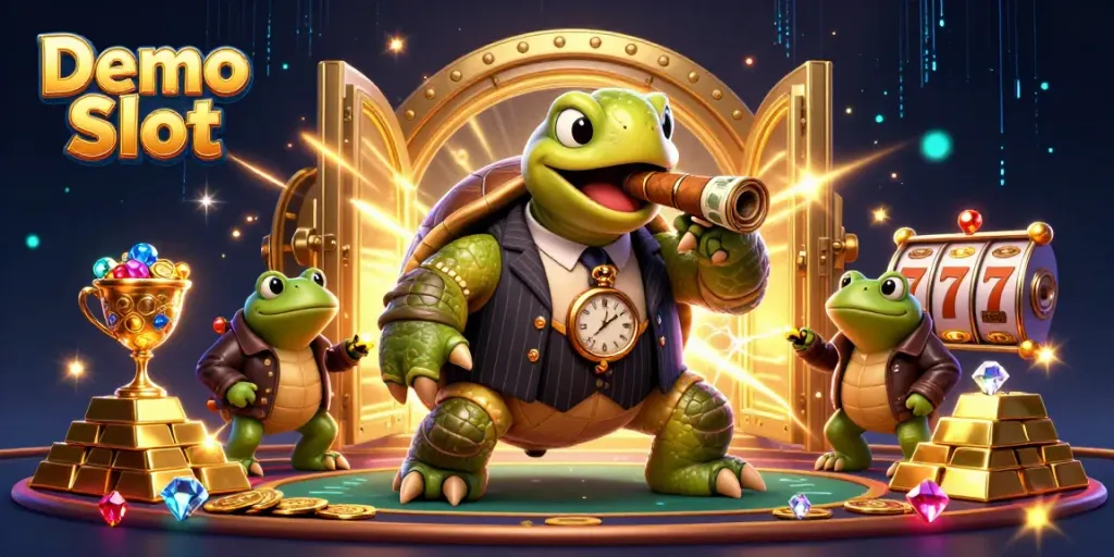 Experience thrilling gameplay with Demo Slot featuring a whimsical turtle and bullfrog characters amidst dazzling casino treasures.