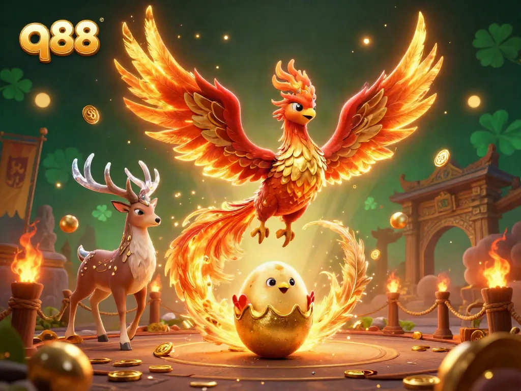 Experience the exciting world of Q88 with a dynamic 3D illustration showcasing a phoenix, a chick, and a stag amidst rich gambling elements.