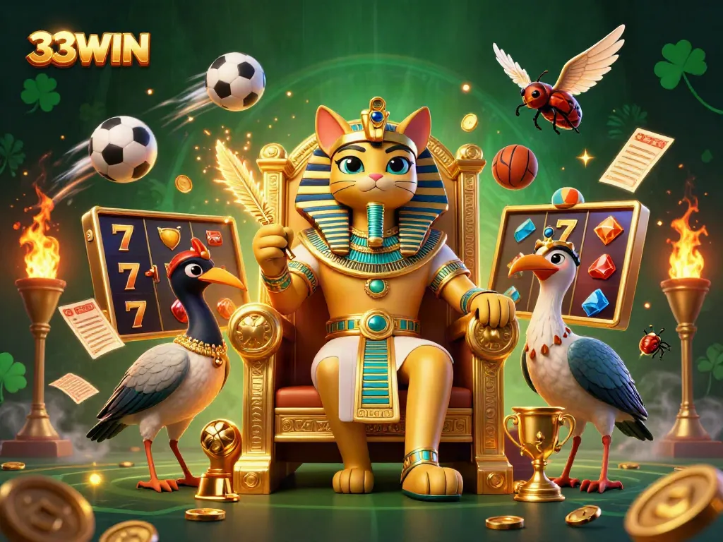 Engage with 33WIN's Egyptian-themed vibrant casino experience featuring pharaoh cat and dynamic slots.