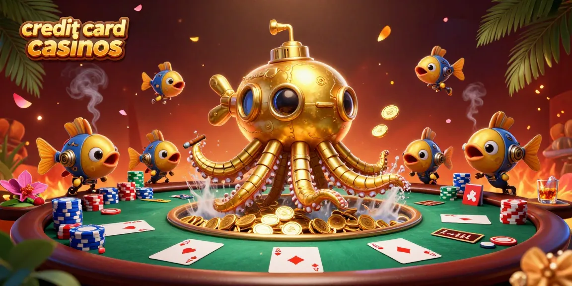 Experience the excitement of credit card casinos with vibrant poker elements and a golden kraken submarine.