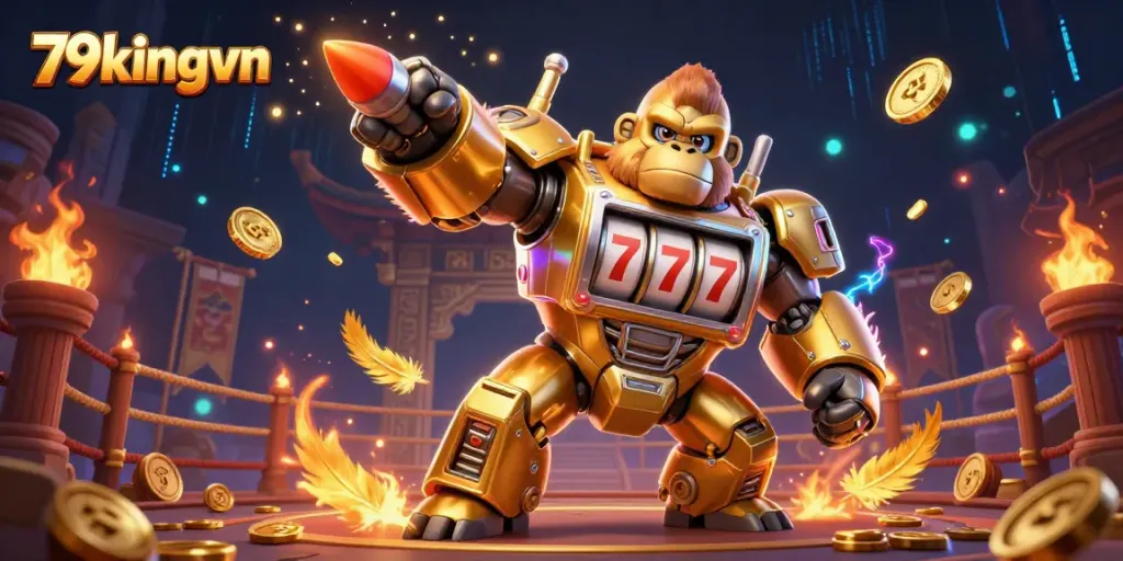Experience thrilling action with a golden gorilla mech, reflecting the vibrant energy of 79kingvn's casino games.