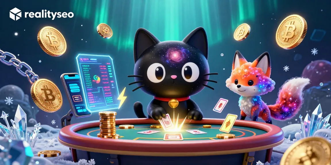 Experience the cosmic casino world of realityseo with a black hole cat pulling in winnings amidst colorful crypto chaos.