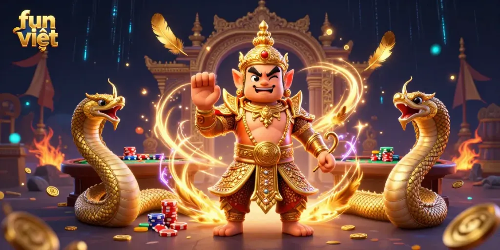 Engage in fun việt with a vibrant 3D casino illustration featuring a guardian amidst poker excitement.