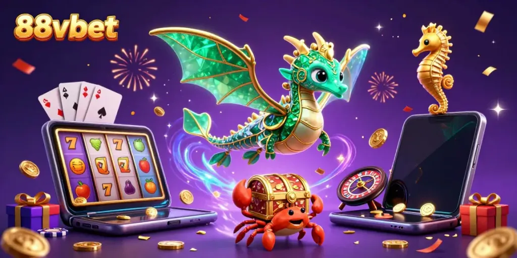 Experience thrilling gameplay at 88vbet with a vibrant 3D casino scene featuring a sea dragon and exciting slot games.