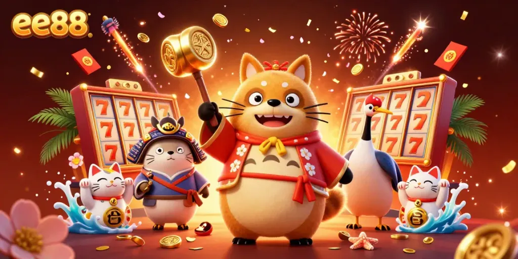 Experience the excitement of ee88 with joyful characters and vibrant slot elements in a festive casino atmosphere.