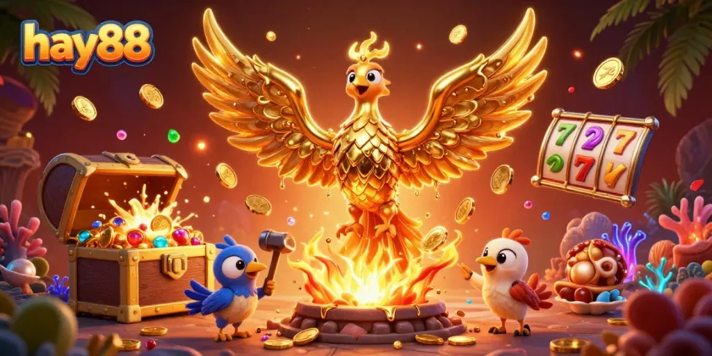 Experience winning strategies at hay88 with a vibrant illustration of a molten phoenix among casino treasures.