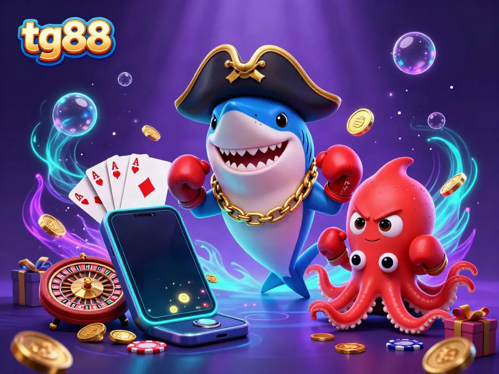 Experience thrilling fun with tg88 visuals, featuring a pirate shark, pufferfish, and octopus celebrating casino winnings.