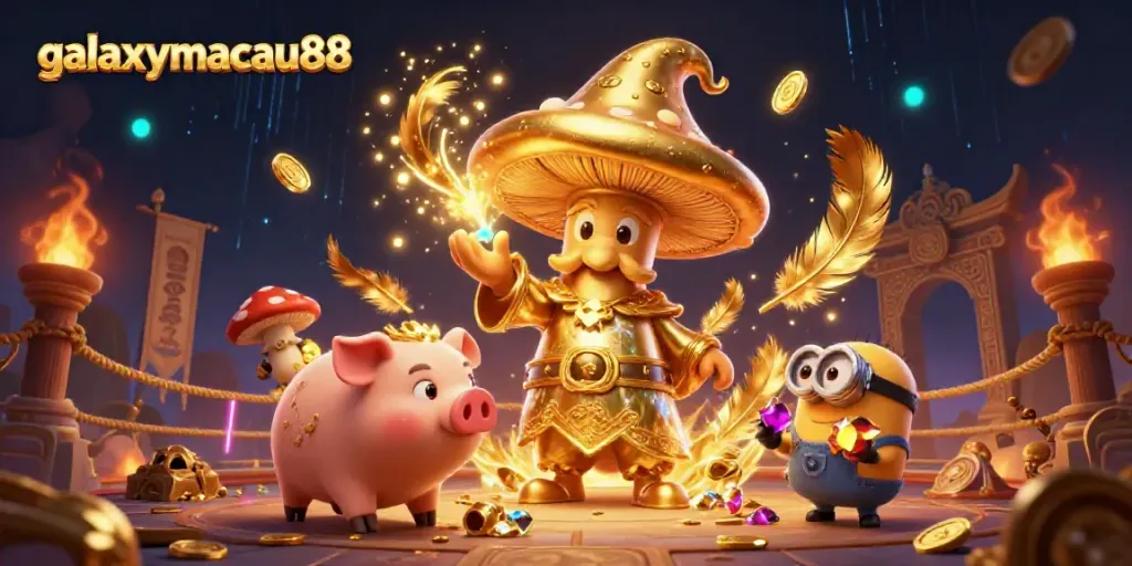 Experience the enchantment of galaxymacau88 with golden magic and treasure in an immersive casino scene.