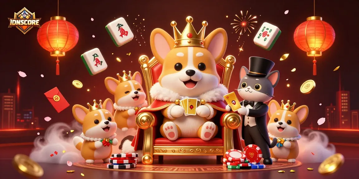 Bet on IDNSCORE with a royal corgi king in a vibrant casino scene, showcasing golden decks and dynamic elements.