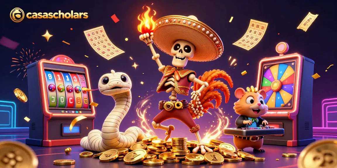 casascholars celebrates winning at slots with a 3D illustration of a mariachi rooster and friends.