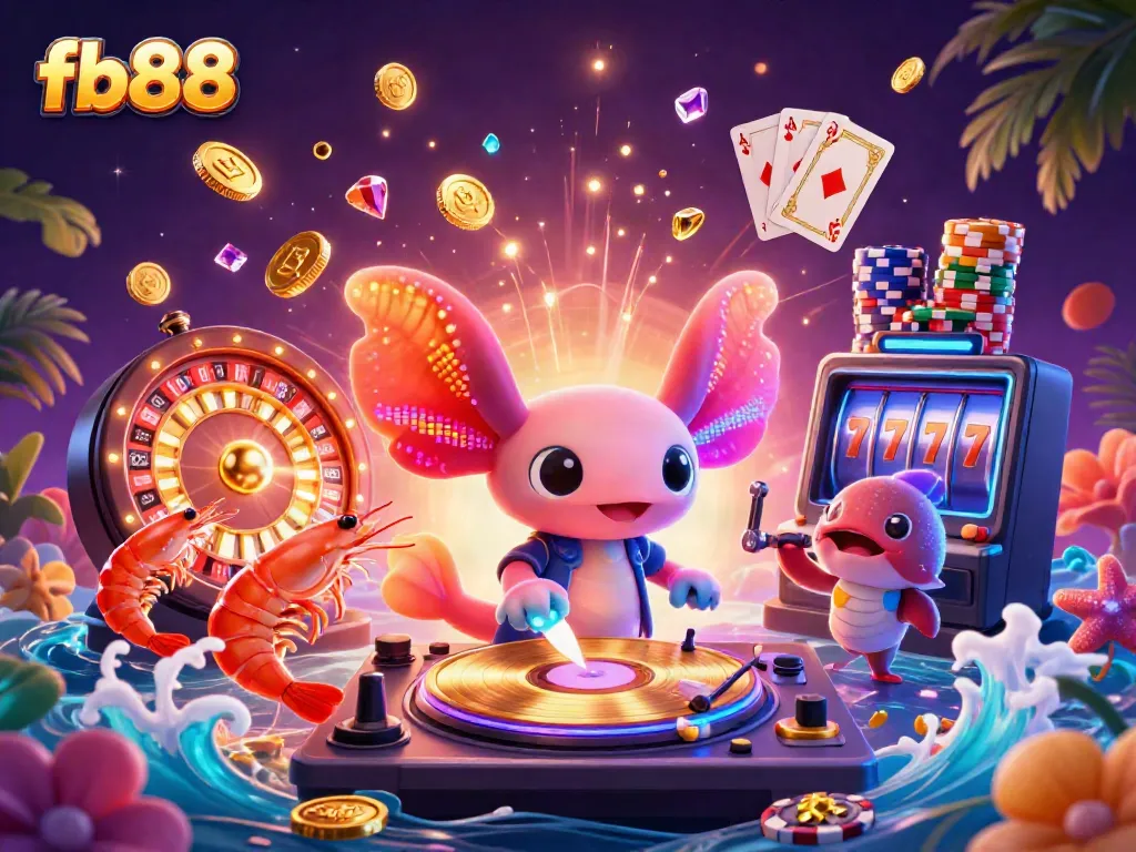 Experience the vibrant energy of fb88 with a neon axolotl DJ, exquisite game elements, and dazzling animations.