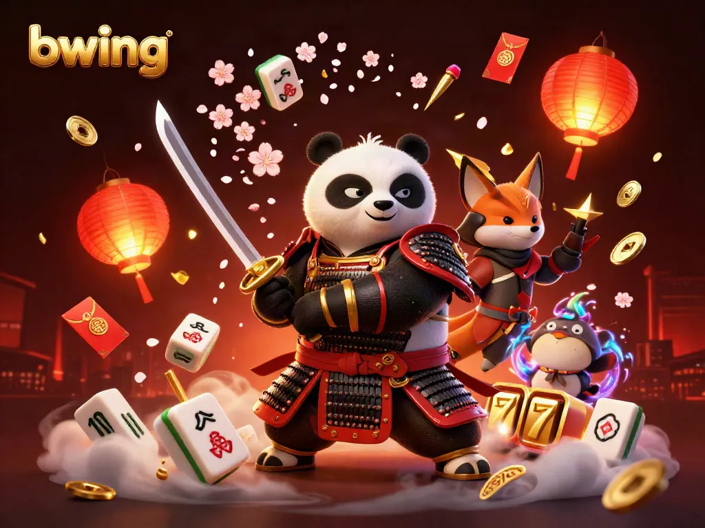Engage with bwing's dynamic casino world featuring a samurai panda, a ninja fox, and rich slot game elements.