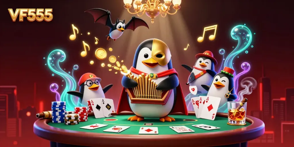 Catch the excitement of VF555 casino with golden coins and thrilling gameplay elements in a lively scene.