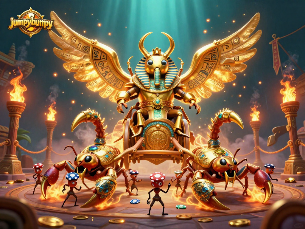 Experience jumpybumpy's thrilling atmosphere with golden scarabs and vibrant casino elements!