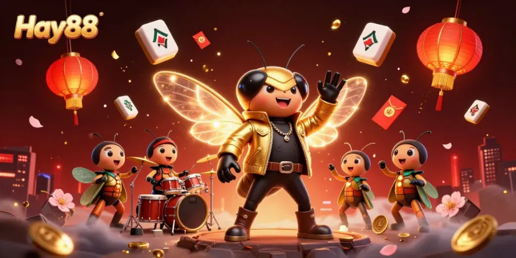 Engage with Hay88's dynamic casino experience featuring a cicada rock star and vibrant game symbols.