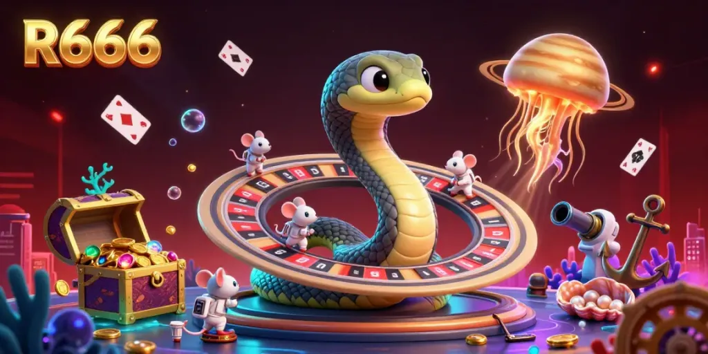 Experience the thrill of R666 by placing bets in a cosmic casino environment with vibrant 3D characters.