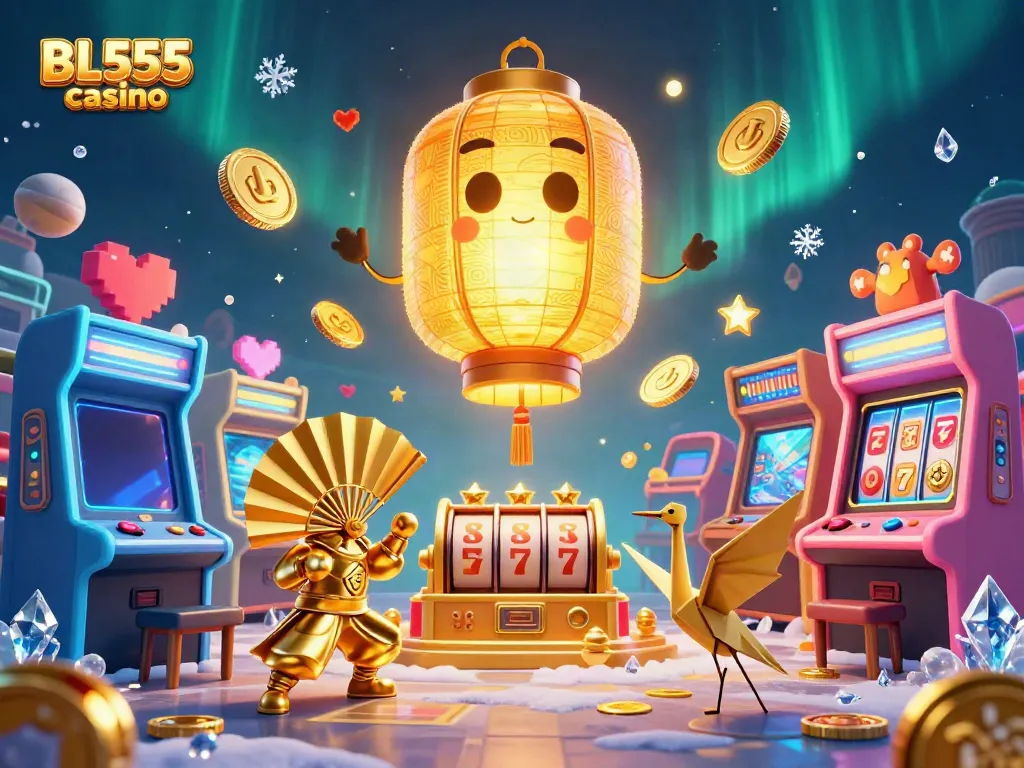 Experience the magic of BL555 casino with 3D characters celebrating games and lucky symbols.