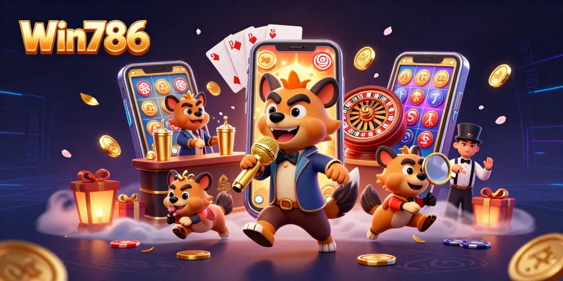 Experience the exciting gaming atmosphere of Win786 with animated hyenas and vibrant casino elements.