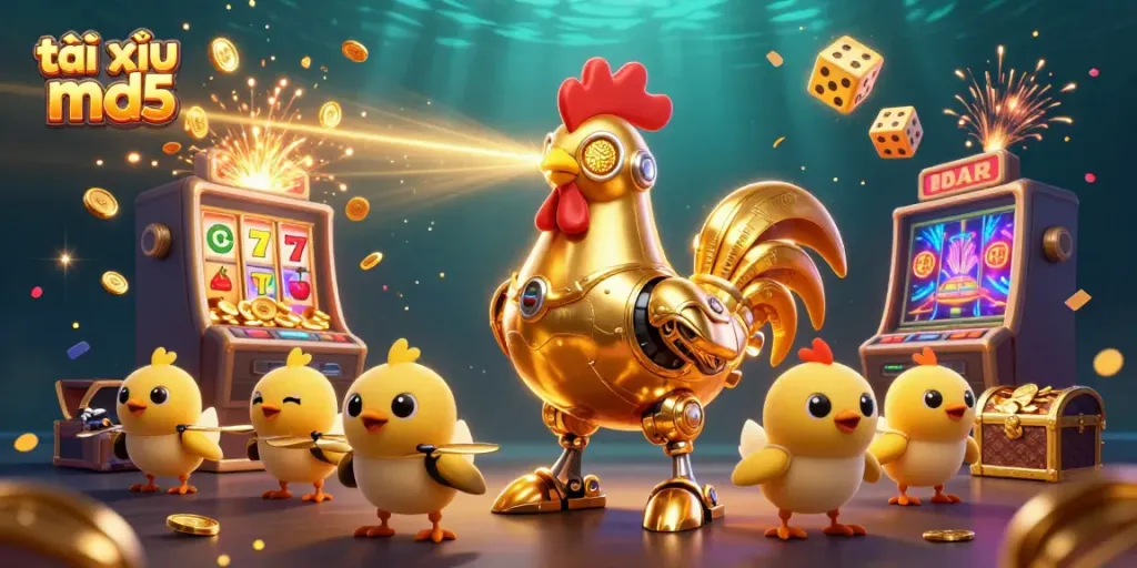 Engage with the vibrant gaming experience of tài xỉu md5, featuring golden rooster robot and baby chick drones.