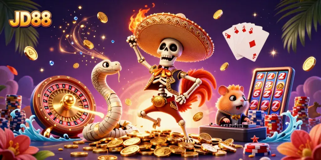 Engage in vibrant gaming action at JD88 with a lively scene featuring a mariach skeleton, mummy snake, and DJ hamster.