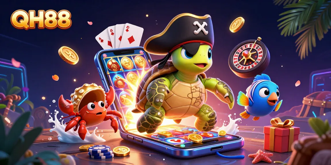 Spin and win with QH88's vibrant 3D casino scene featuring treasure-hunting characters!