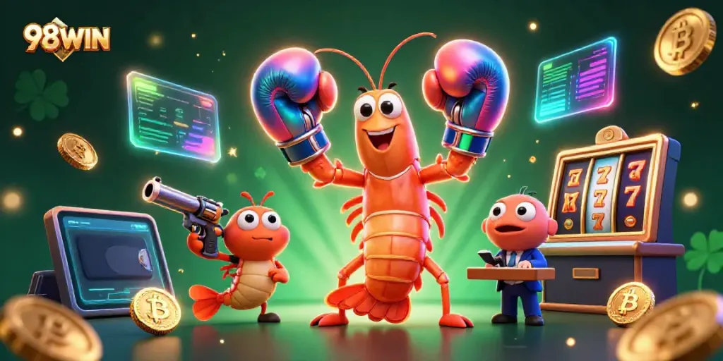 Engage with 98WIN's vibrant gaming scene featuring our animated mantis shrimp champion celebrating wins in a dazzling casino.