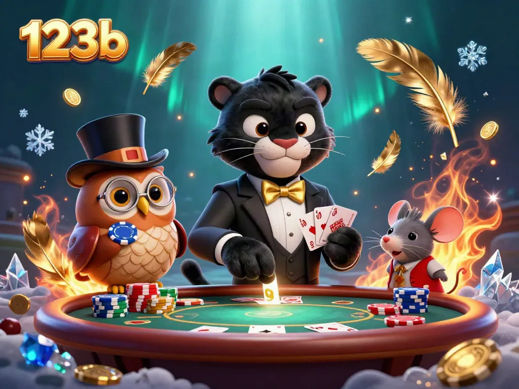 Experience thrilling 123b casino action with a stylish panther dealer and playful characters in a vibrant online scene.