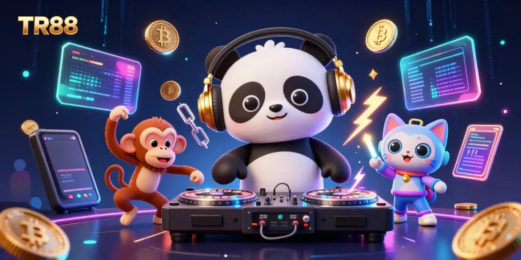 Engage with TR88 in an energetic 3D casino scene featuring vibrant avatars and crypto icons.