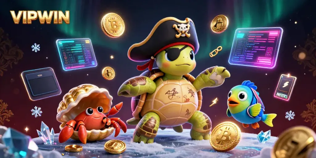 Experience the excitement of VIPWIN with engaging characters amidst sparkling treasures and crypto elements.