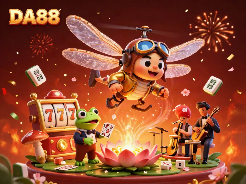 DA88 showcases a lively casino scene with a dragonfly pilot and frog croupier amid vibrant game elements.