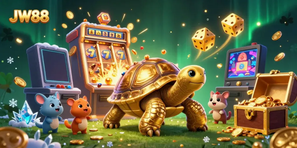 Join the fun at JW88 with vibrant jackpot explosions and a playful tortoise pinball machine.