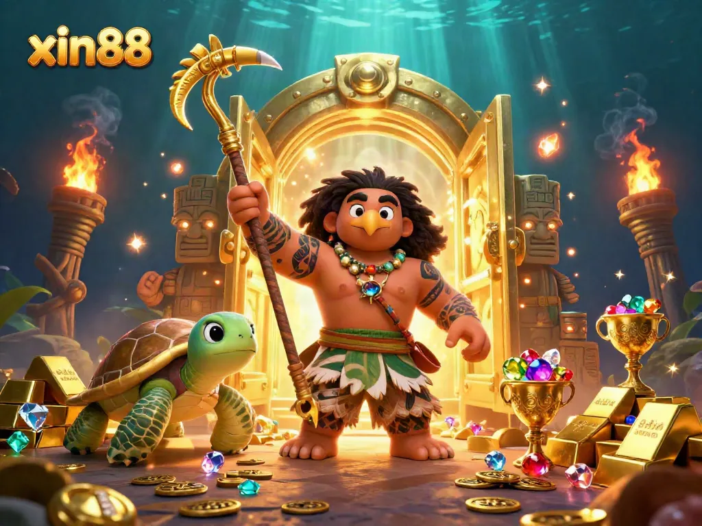 Experience the vibrant graphics of xin88 with treasures and a demigod in a dazzling casino scene.