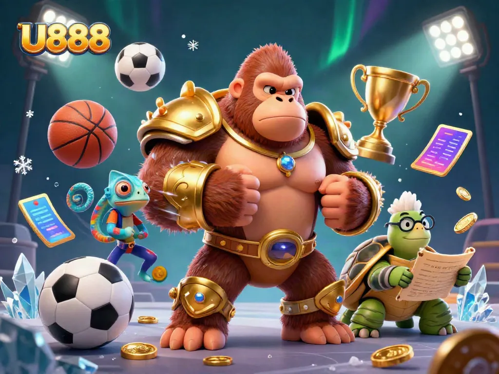 Engage with U888's vibrant casino scene featuring animated characters amidst dynamic sports elements.