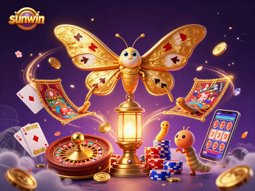 Experience winning at sunwin's casino with a dynamic scene of moths, coins, and slot reels.