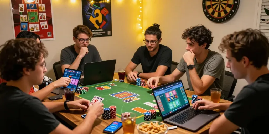 Engaged friends playing 3 Patti no1 card game in a cozy gaming setup.