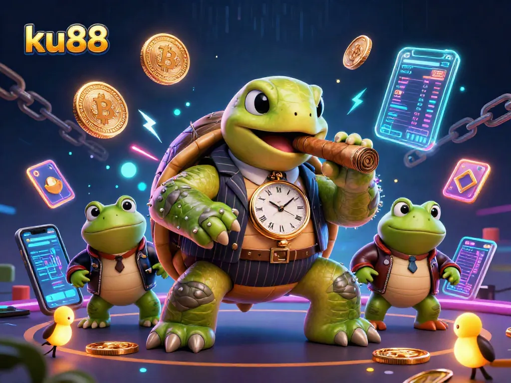 ku88 features vibrant 3D casino illustration showcasing a snapping turtle and bullfrog enforcers amid digital gaming elements.