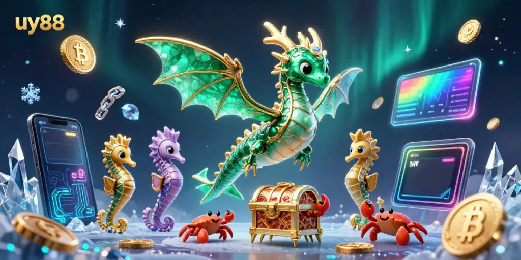 Experience thrilling gameplay action at uy88 with a spectacular treasure chest carried by tiny crabs.