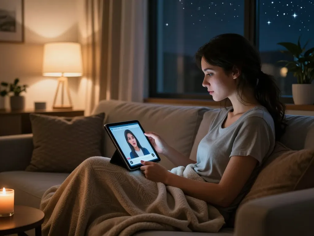 Engaging in free ai sex chat with an AI avatar, cozy living room setting.