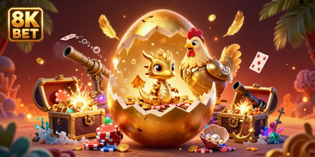 Experience the thrill of 8K BET with a golden dragon and poker chips in a vibrant casino setting.
