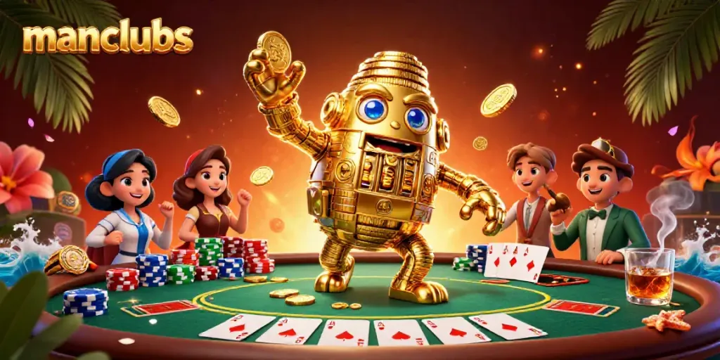 Experience thrilling gaming action with manclubs' vibrant casino scene featuring a dynamic golden golem.