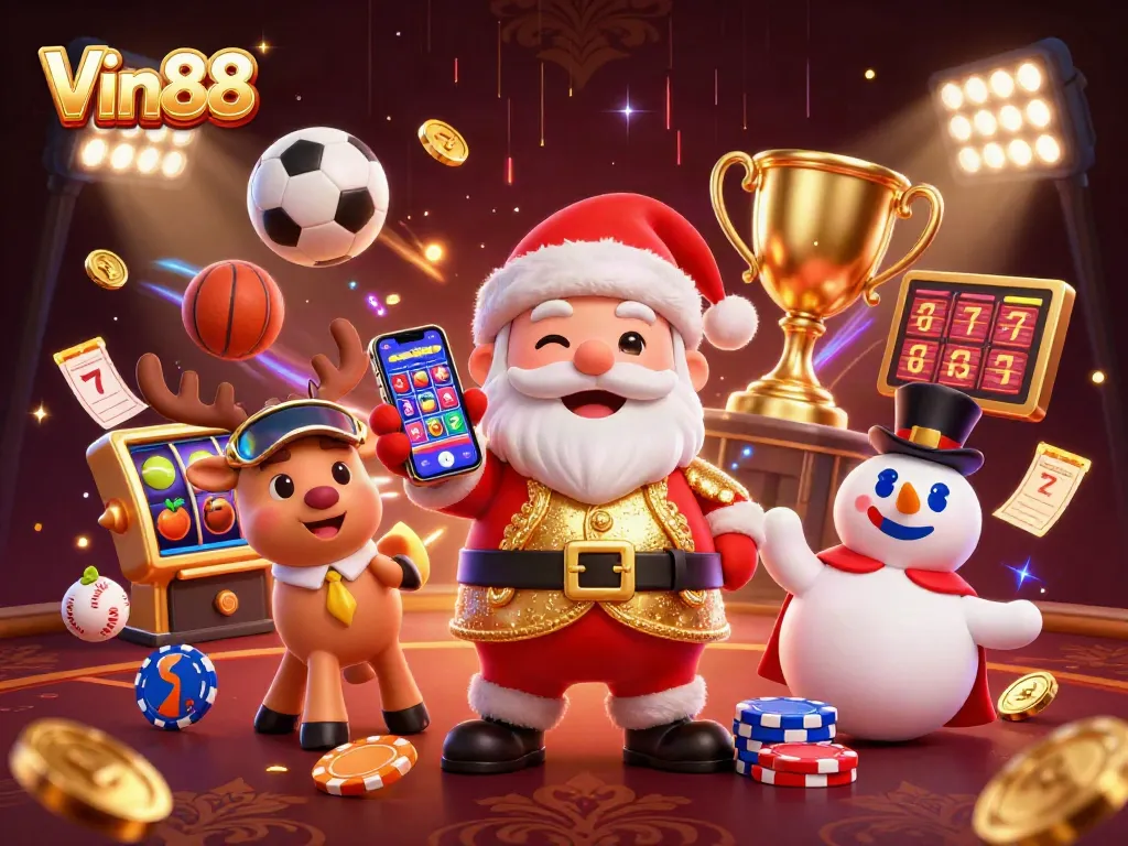 Engage with exciting jackpots at Vin88 with Santa, a reindeer dealer, and a poker chip snowman in a festive casino.