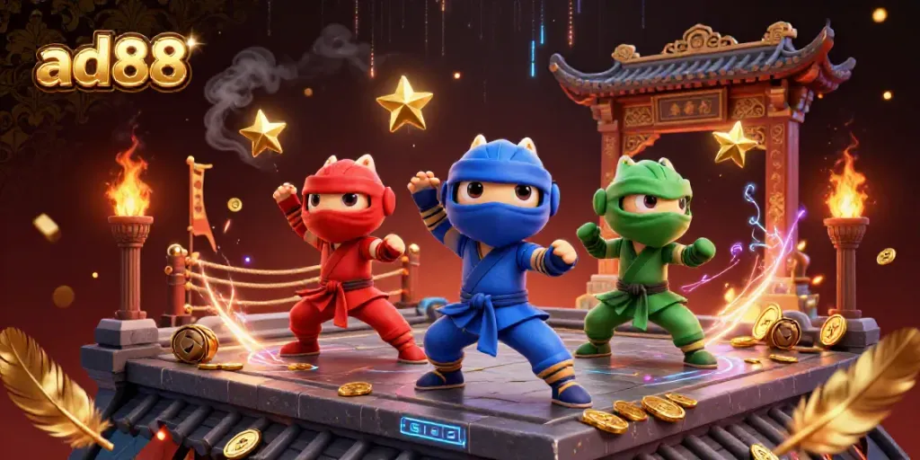 Experience ad88 excitement with ninja chameleons engaging in martial arts amidst gold coins and vibrant casino elements.