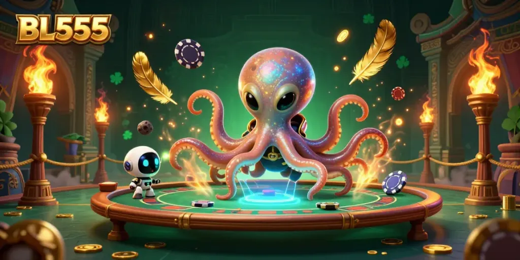 Engage with BL555’s vibrant casino experience featuring an alien octopus at a poker table.