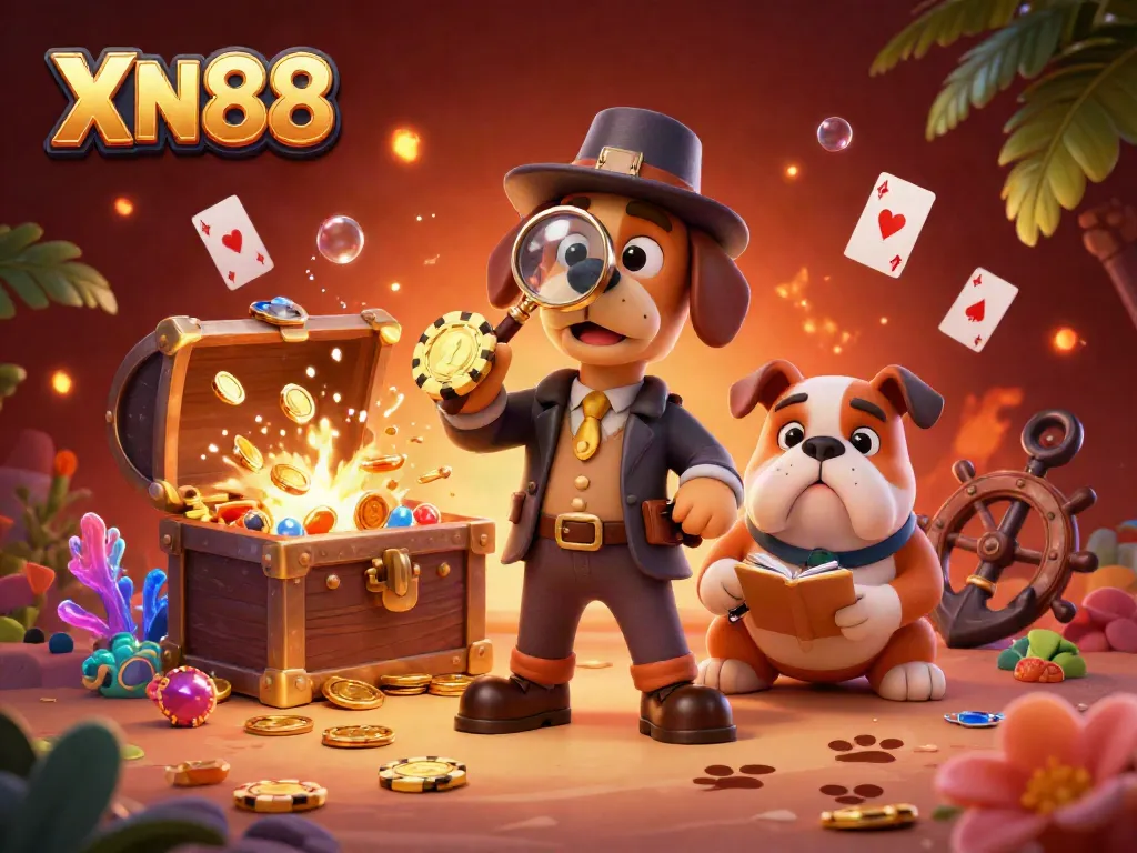Join XN88's quest for treasures with a detective in a vibrant casino scene featuring gold chips and underwater gems.