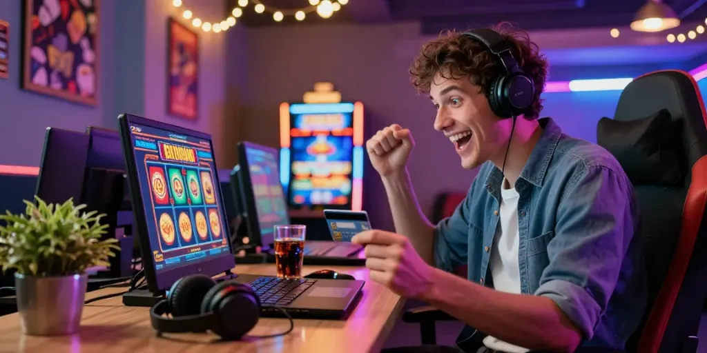 Excited player at credit card casinos depositing via laptop in vibrant casino-themed environment with bright lights.