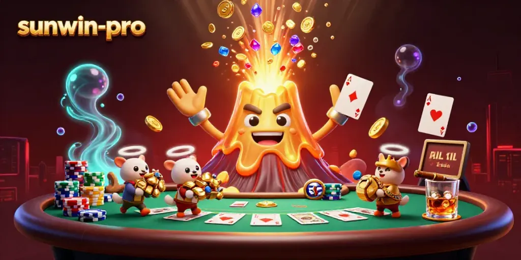 Experience thrilling treasure hunts at sunwin-pro, where a golden volcano erupts treasures in a vibrant casino scene.