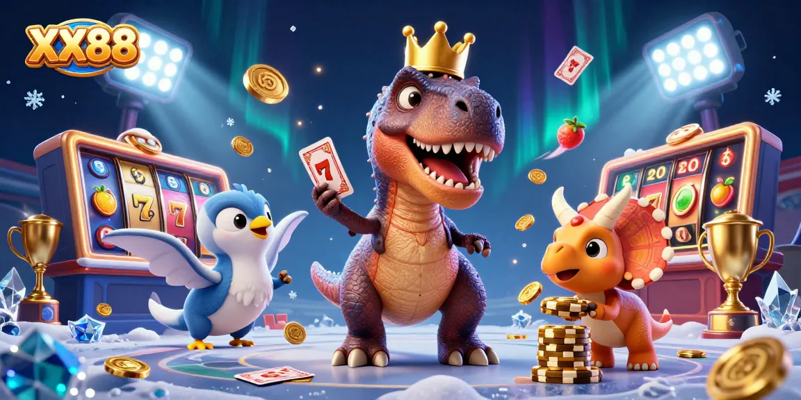Engage in thrilling casino fun with XX88 as a T-Rex shuffles cards with a crown, showcasing vibrant slot themes.